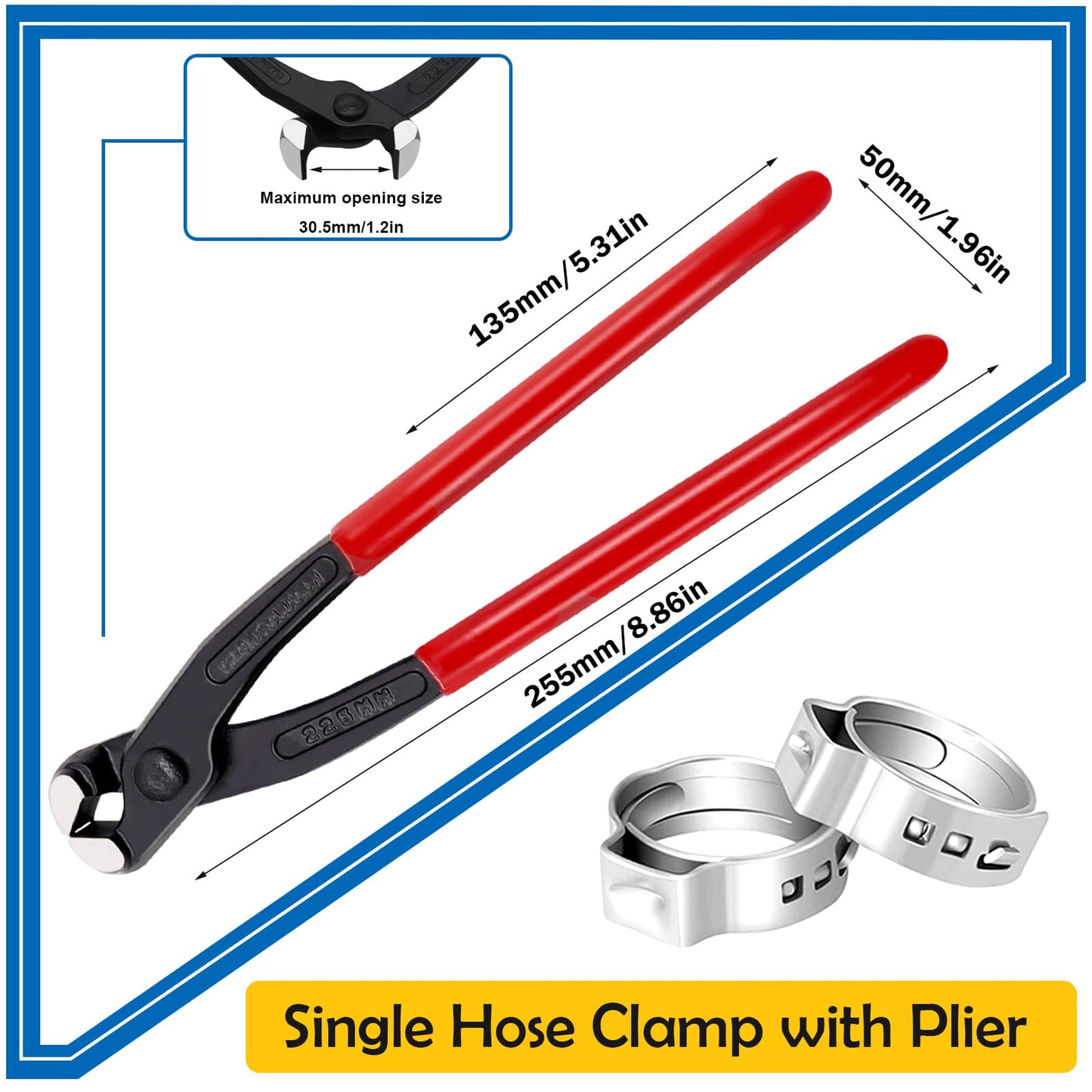 Seept 115Pcs 10-Sizes 304 Stainless Steel Single Ear Hose Clamps with Ear clamp plier 6-28.6mm Crimp Hose Clamps Assortment Kit for Auto/Home Appliance/Pipe/Fuel Line Stepless Hose clamp with pincer
