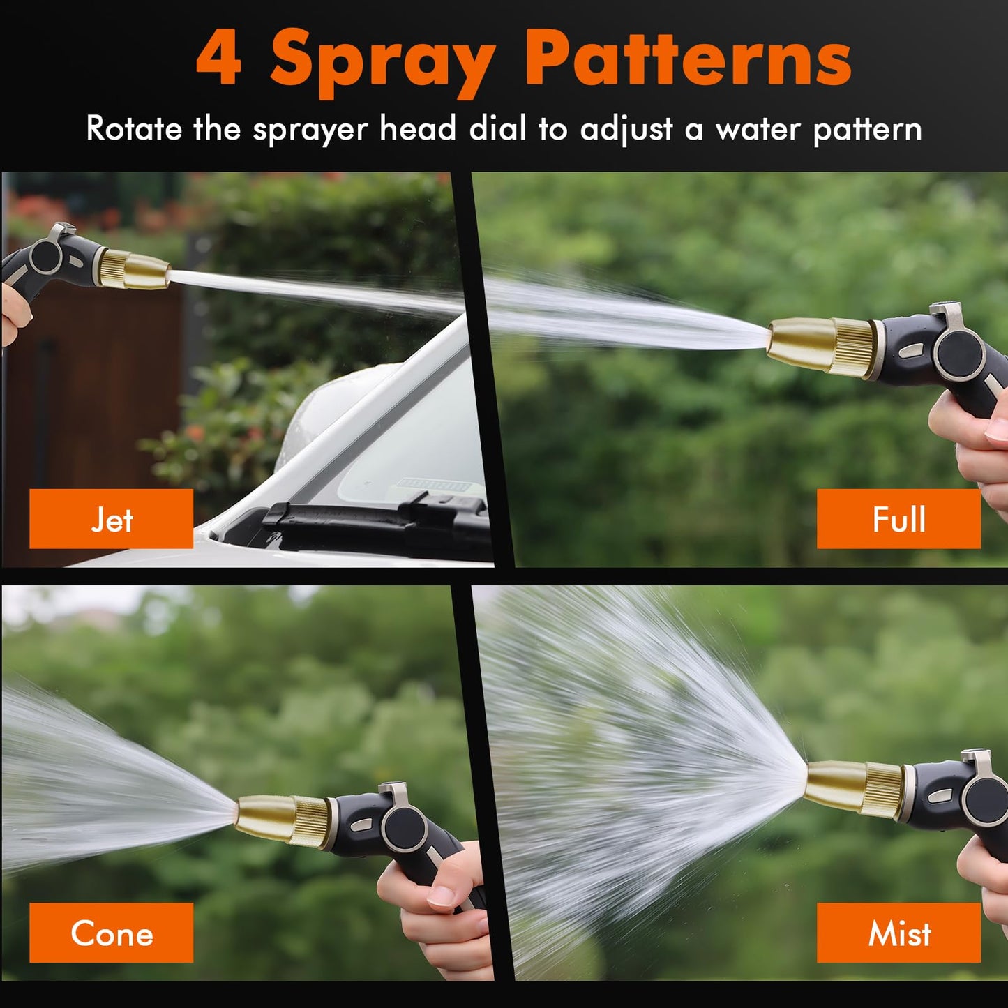 RESTMO Hose Nozzle Sprayer, Heavy Duty Brass Head, High Pressure Metal Water Hose Nozzle for Car Washing, Garden Cleaning, Lawn and Plant Watering, Adjustable Thumb Flow Control, 4 Spray Patterns