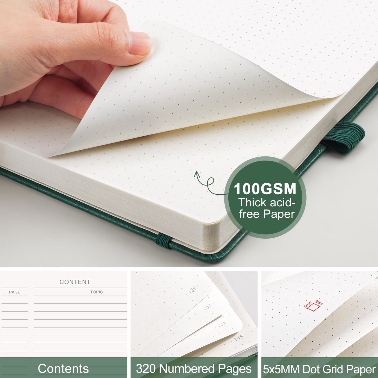 AHGXG Dotted Journal, 320 Numbered Pages Dot Grid Notebook A5 Thick Journal, 100gsm Thick Dotted Paper, Leather Hardcover, Inner Pocket, 5.7"×8.3" - Green