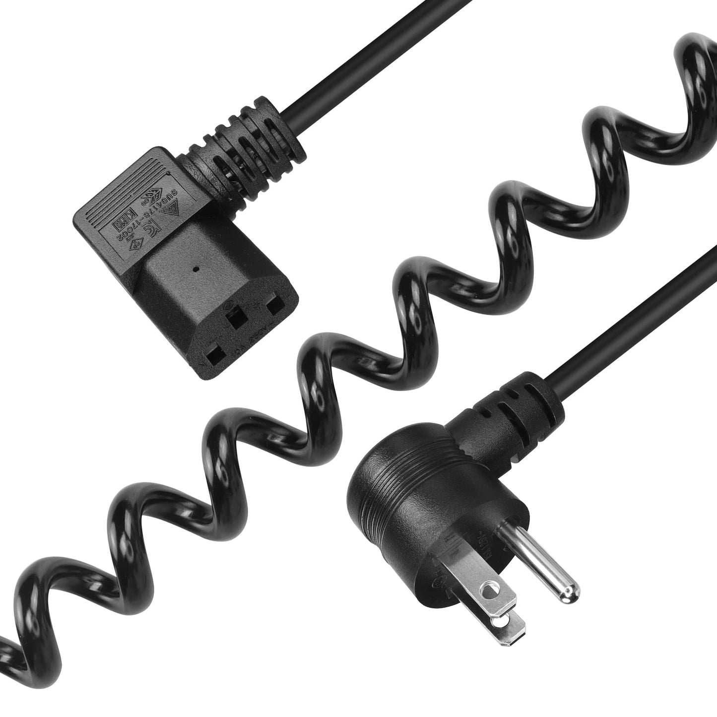 3 Prong Coiled Spiral Power Cord YACSEJAO 18AWG Coiled Spiral NEMA 5-15P Up Angle to C13 AC Power Cable for Computer Plasma TV Printer Monitor (5-15P Up Angle to C13 Left Angle)