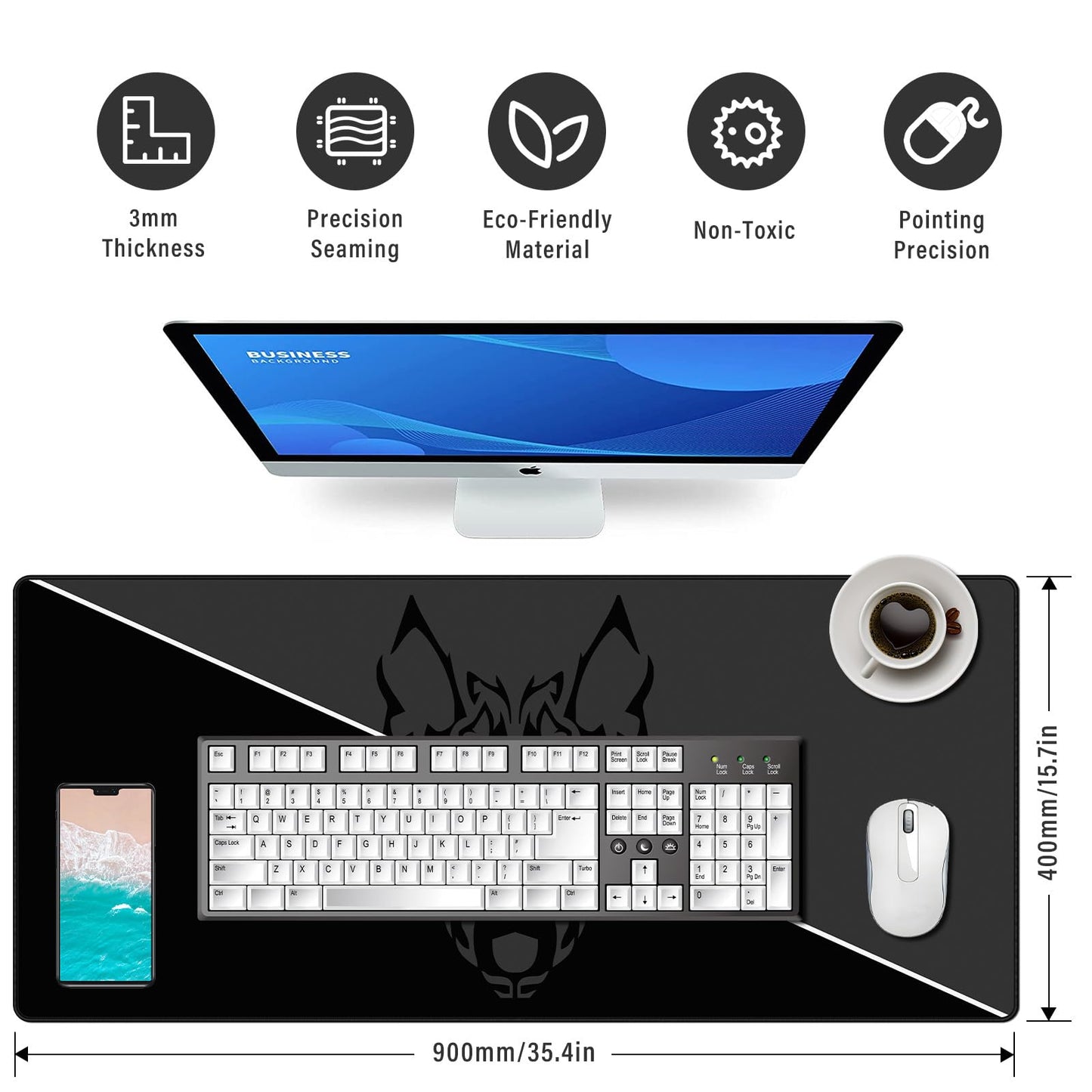 Anpollo Large Gmaing Mouse Pad with Stitched Edges, Superior Micro-Weave Cloth, Non-Slip Base, Size 35.4 X 15.7X 0.12inches - Black Gray Wolf Head