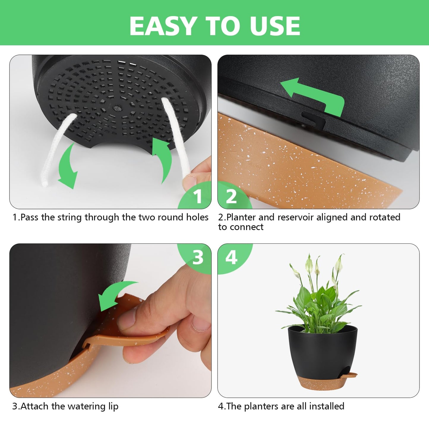 Self Watering Planter Set, 5Pack Small Plastic Plant Pots with Drainage Holes and Saucers, Modern 7+6.5+6+5.5+5 INCH Flower Pots Set for Indoor Outdoor Plants - Black