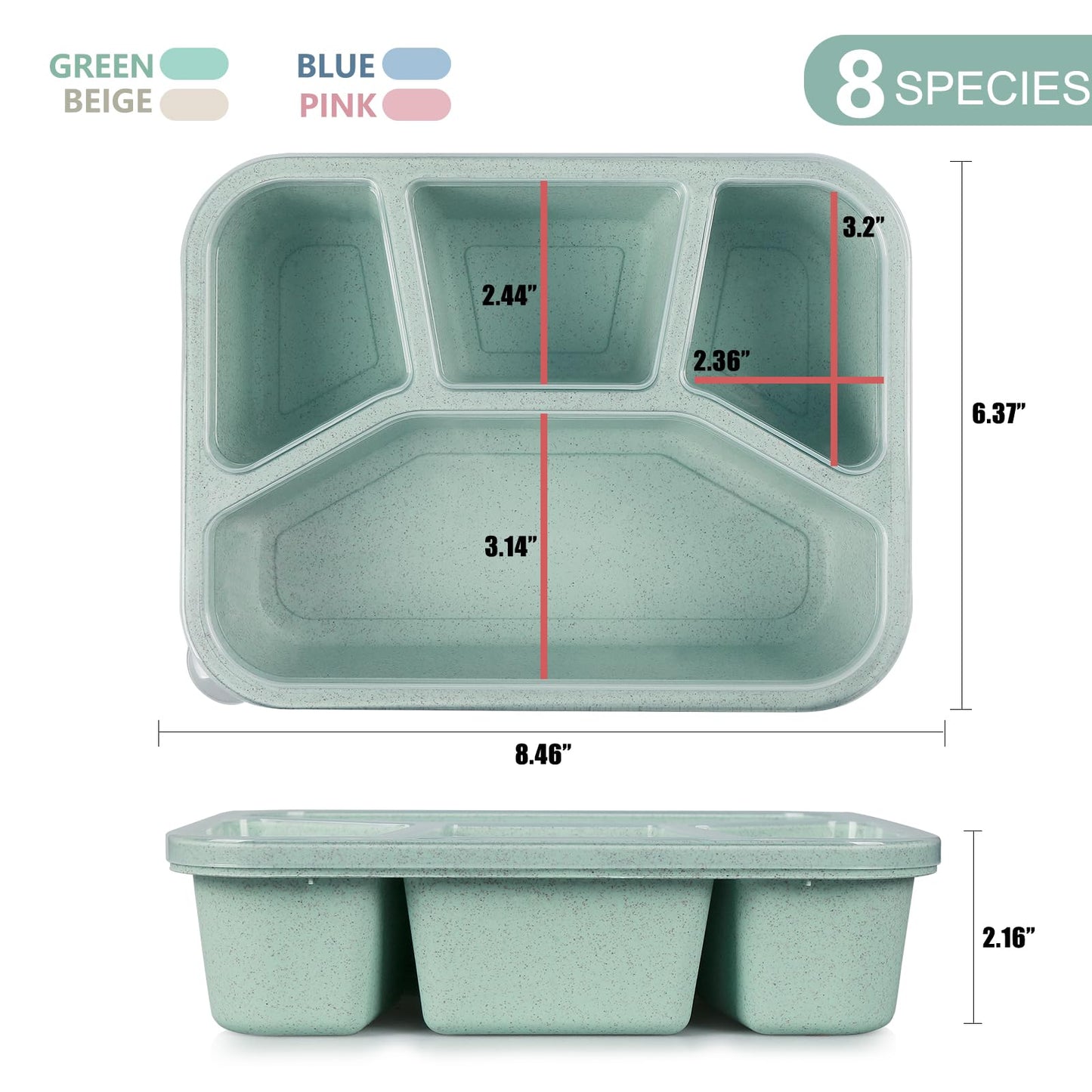 shopwithgreen Bento Box Adult Lunch Box, 4 Compartment Snack Containers, Reusable Meal Prep Food Storage Containers with Lids, Stackable for School, Work, and Travel, 8 Pack