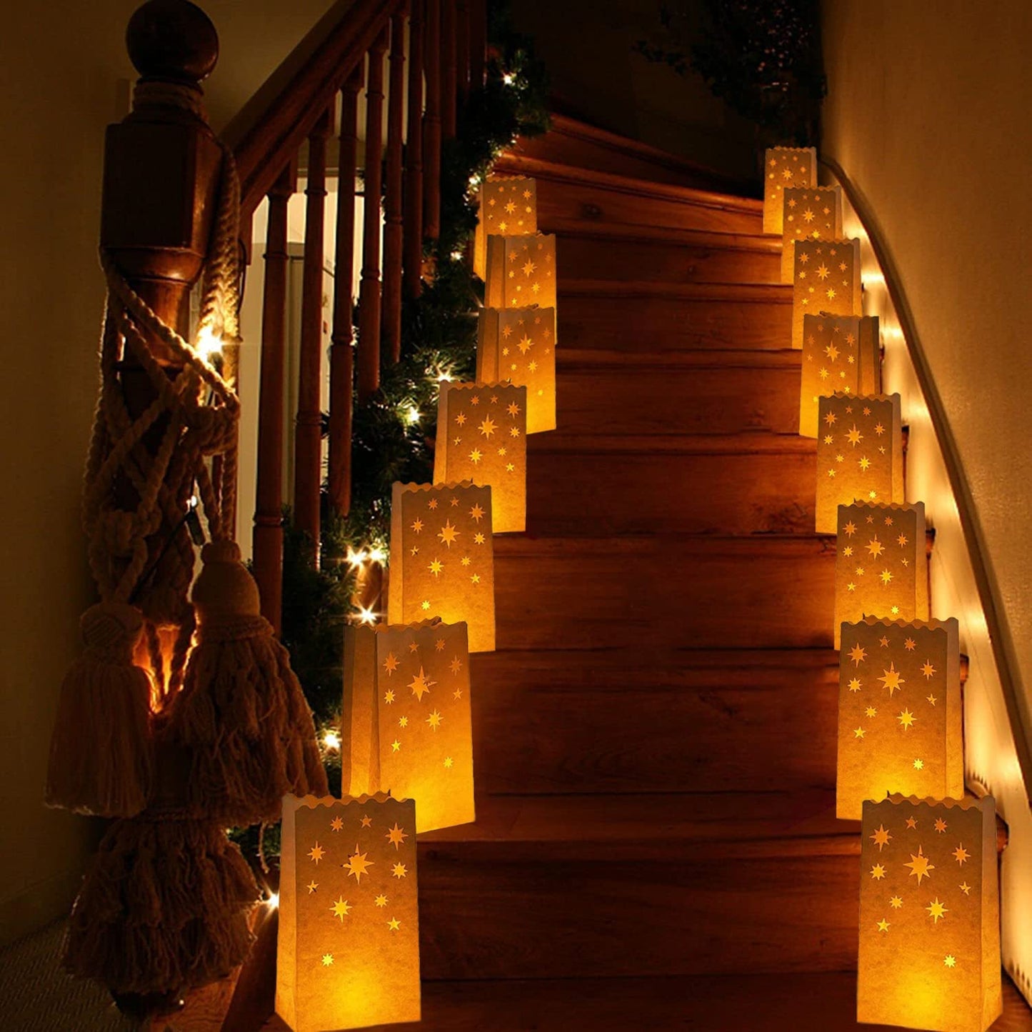 Stmarry White Paper Luminary Bags - 50-Pack Candle Lantern Bags, Fire-Retardant, Star Luminaries for Christmas, Weddings, Birthday Party Decoration, Use with Tealights, Votive, 5.9 x 10 x 3.5 Inches