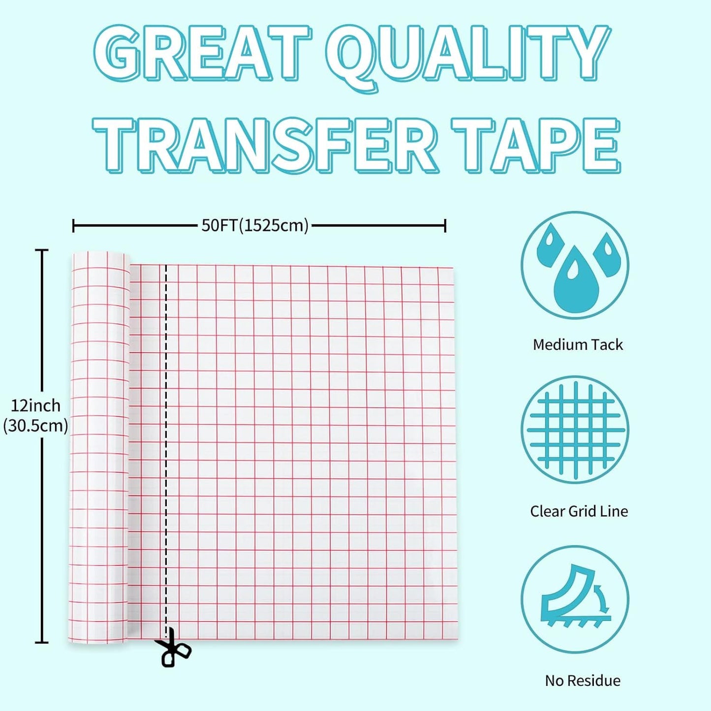XVinyl 12" x 50ft Red Grid Transfer Tape Roll for Vinyl - Adhesive Application Tape Works Great with All Craft Vinyl Brands
