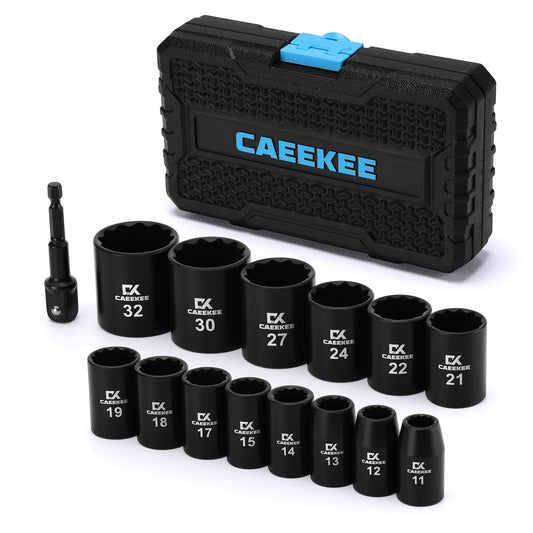 CaeeKee 15PCS 1/2" Drive Shallow 12-Point Impact Socket Set, Metric(11mm - 32mm), Cr-V Steel, Includes Drill Socket Adapter