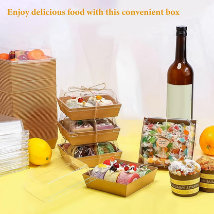 50PCS Charcuterie Boxes with Clear Lids, 5 Inch Brown Kraft Paper Dessert Boxes Disposable Square Food Containers, Snackle Box Sandwich Boxes for Strawberries, Slice Cake,Hot Cocoa Bombs