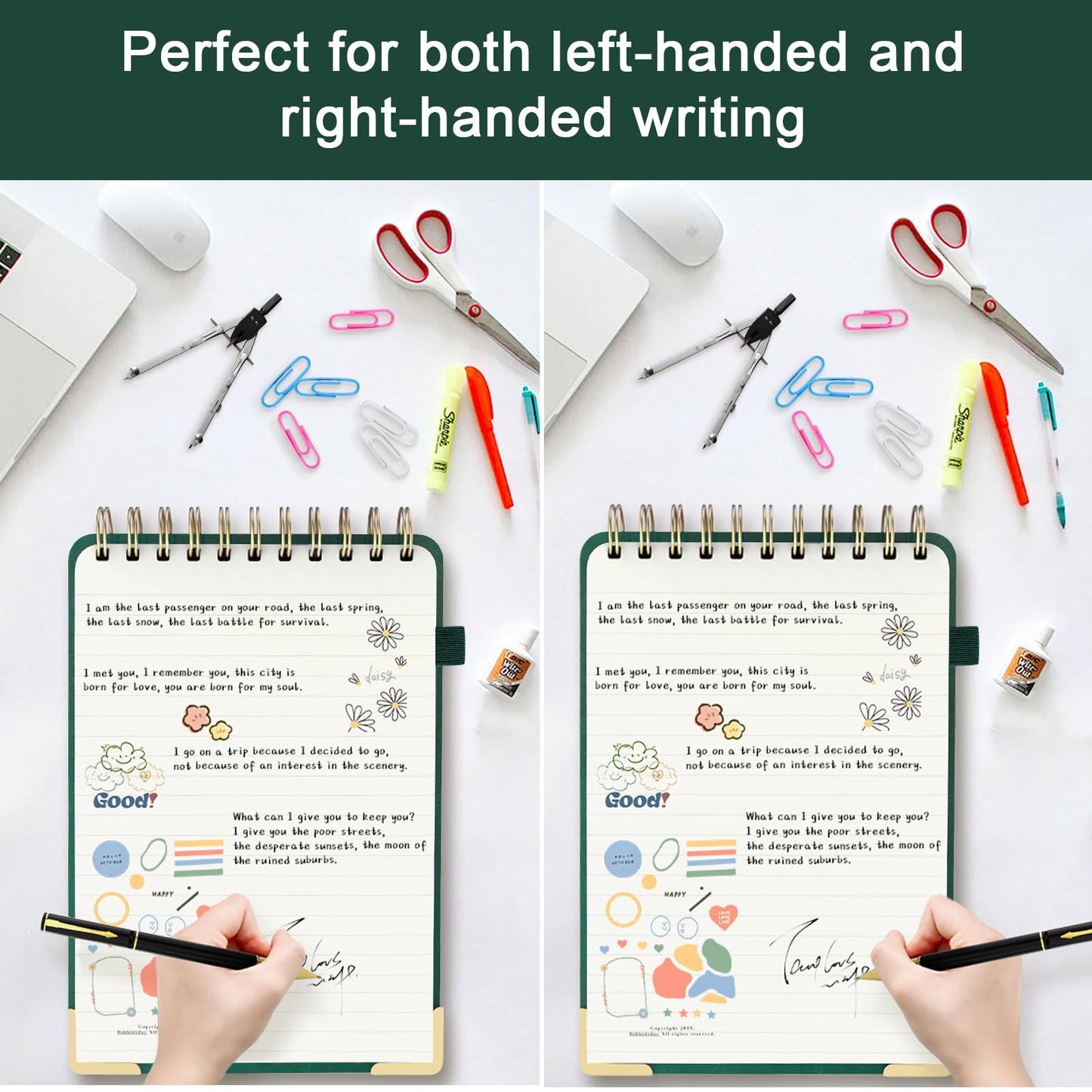 A5 Top Spiral Notebook, Large Leather Hardcover Top Bound Steno Pads, 240 Pages 100 gsm Thick Lined Paper Left Handed Notebook Journal for Work, School, Meeting Writing - Green, 5.9" x 8.5"