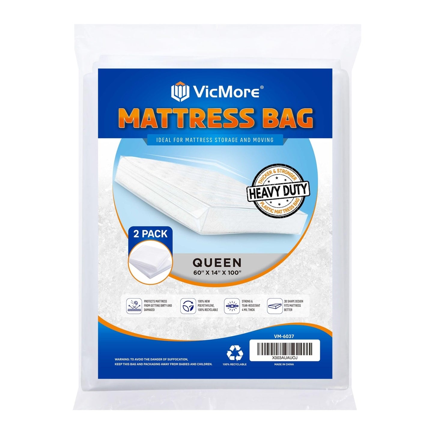 VICMORE 2-Pack 4 Mil Queen Mattress Bags for Moving & Storage, Heavy-Duty Plastic Covers, Dustproof & Tear-Resistant (60" x 100" x 14")
