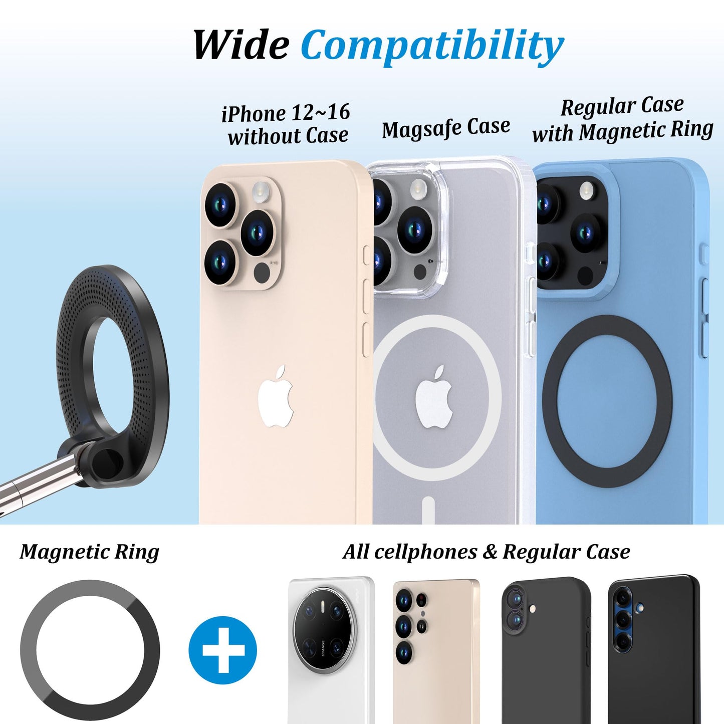 PlusAcc Vacuum Magnetic Car Phone Holder - Suction Cup Phone Mount 360° Rotatable Foldable Portable Strong Magnet Stand for iPhone 16/15/14/13 & Samsung in Gym, Mirror,Smooth Surface, All Vehicles