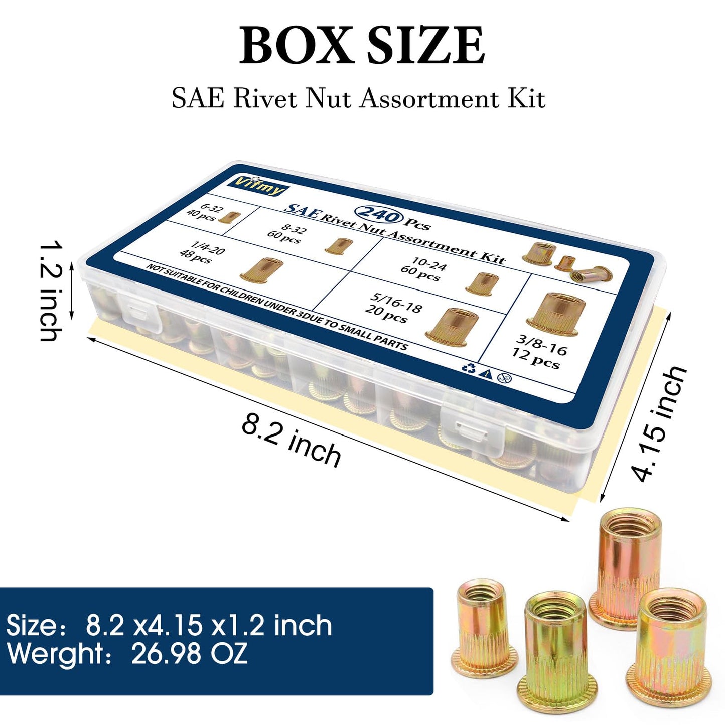Vifmy SAE Rivet Nut Assortment Kit(240Pcs),#6-32#8-32#10-24 1/4"-20 5/16"-18 3/8"-16 UNC Rivnut Threaded Insert Nut Set,Zinc Plated Finish Carbon Steel Nutsert