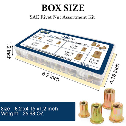 Vifmy SAE Rivet Nut Assortment Kit(240Pcs),#6-32#8-32#10-24 1/4"-20 5/16"-18 3/8"-16 UNC Rivnut Threaded Insert Nut Set,Zinc Plated Finish Carbon Steel Nutsert