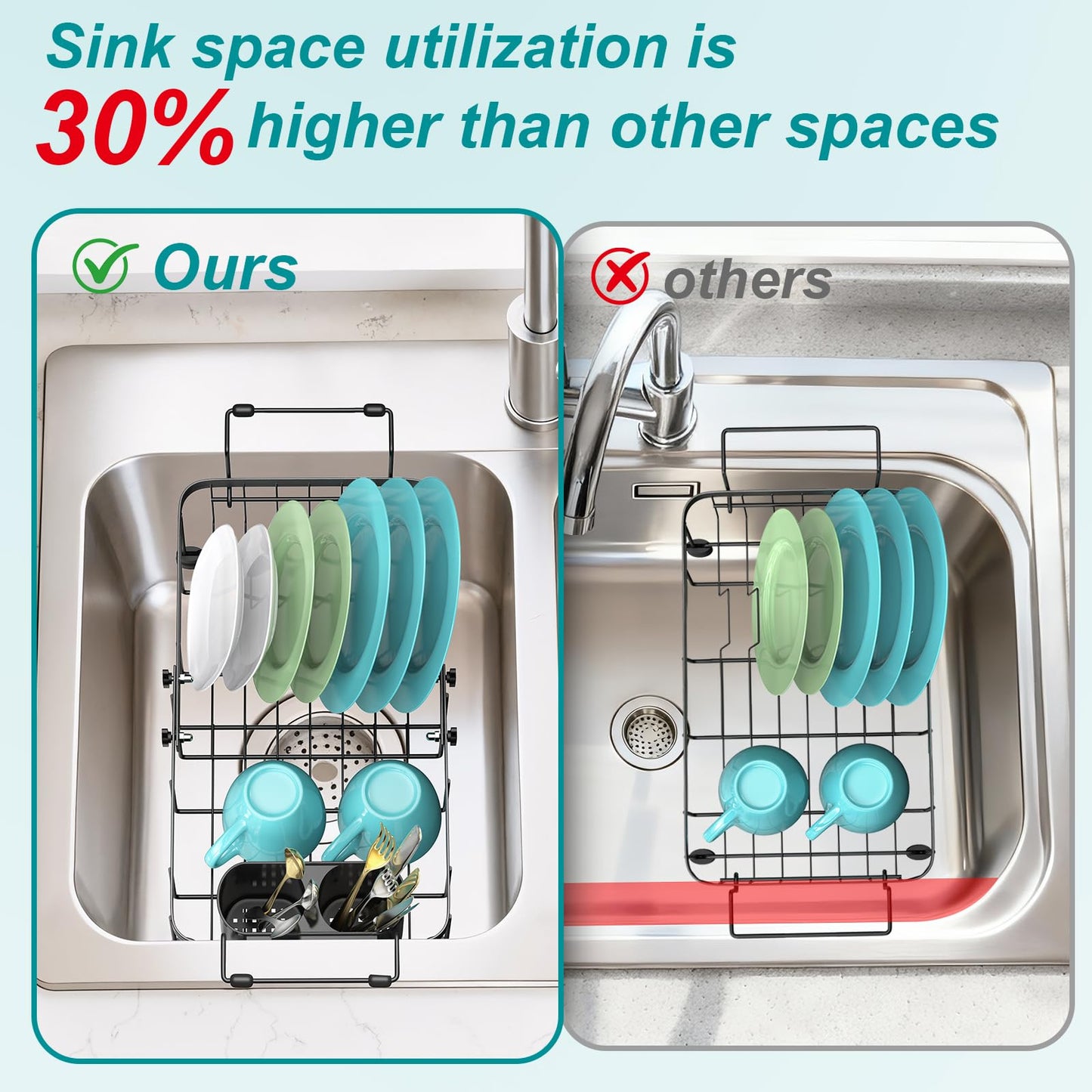 Ceecysaa Dish Drying Rack, Expandable Over The Sink Dish Drying Rack,Adjustable Dish Rack in Sink,Dish Drainer with Utensil Rack & Handle (30-42.5cm) for Kitchen Counter,Metal,Black