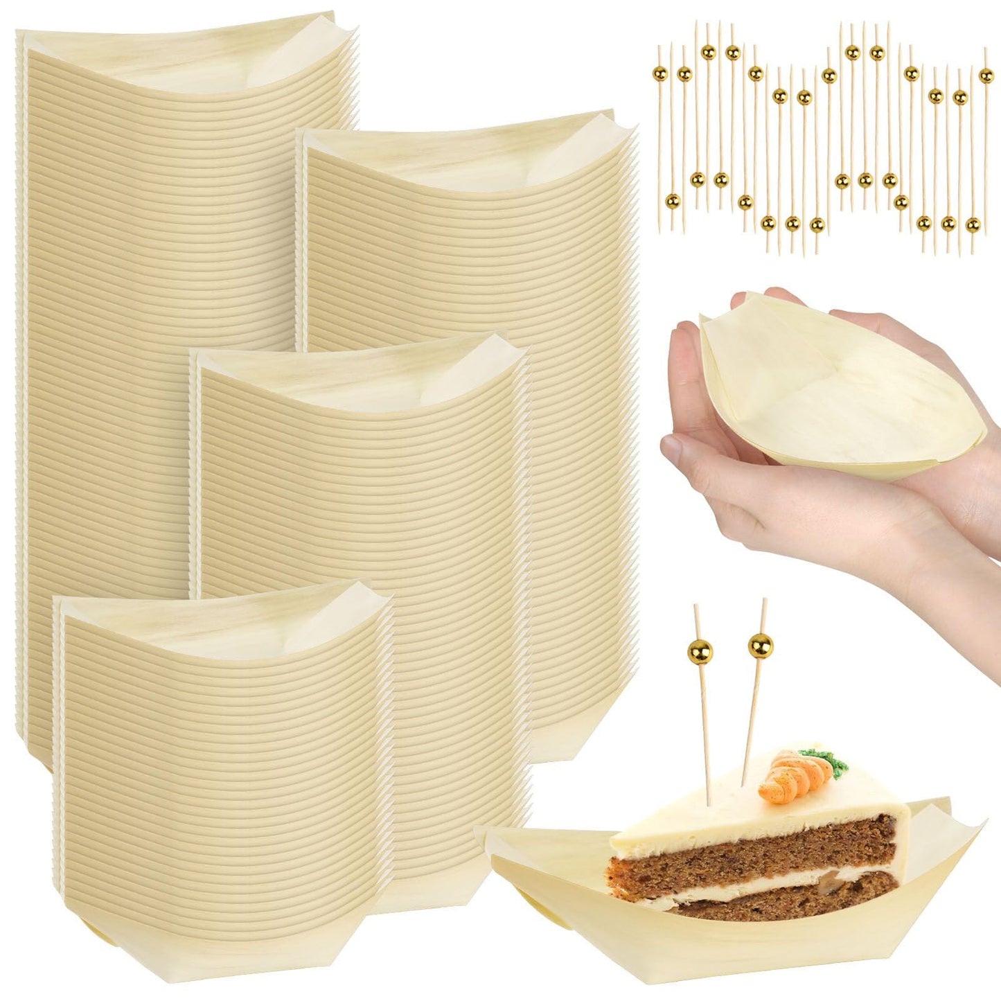 Supkiir 300 Pcs Disposable Wooden Boat Plates with Cocktail Picks, 14 cm Wood Boat Plates for Appetizer, Small Sushi Boat Serving Tray Food Container for Catering, Home and Party