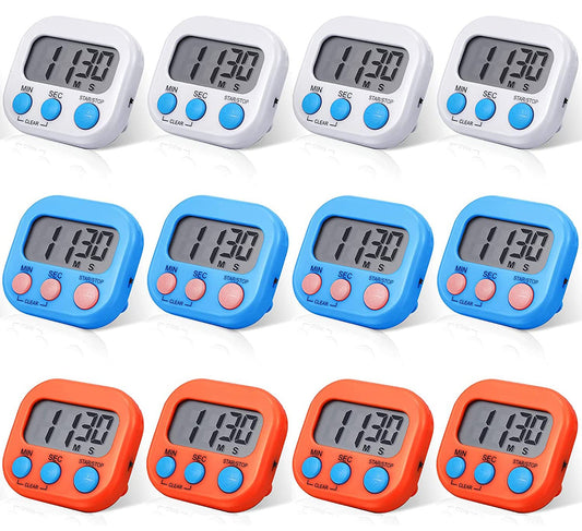 12 Pack Digital Kitchen Timer Large LCD Display Loud Alarm Strong Magnetic Stand, Minute Seconds Count Up Countdown and Simple Operation Timers for Cooking, Bathroom, Kids, Teacher, Classroom