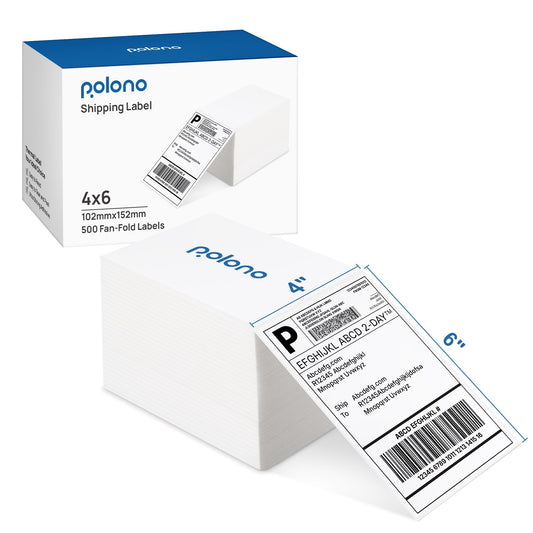 POLONO Genuine 4" x 6" Direct Thermal Shipping Label, Thermal Label (Pack of 500), Perforated Fanfold Labels Compatible with POLONO PL80E, PL70E, PL60 Label Printer, BPA & BPS Free, Commercial Grade