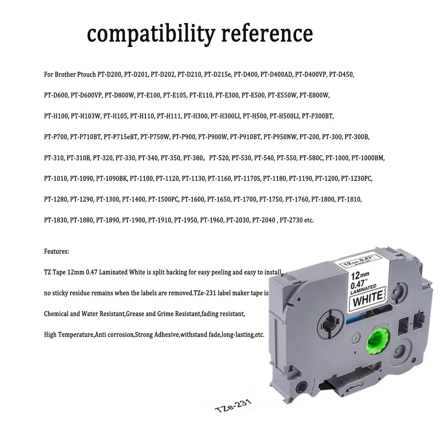 10 Pack Label Tape Replacement for Brother TZe-231 TZ-231 TZe231 Tz 1/2" 12mm,Laminated Black on White 0.47" for pTouch Printer PT-D400 PT-D210 PT-D200 PT-D600 PT-1890 PT-H110 Label Maker