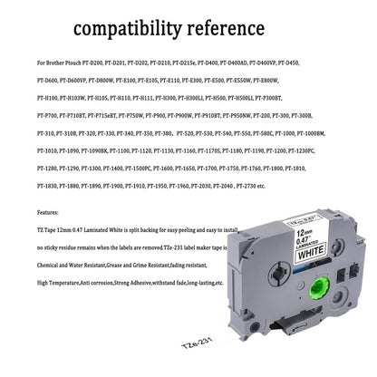 10 Pack Label Tape Replacement for Brother TZe-231 TZ-231 TZe231 Tz 1/2" 12mm,Laminated Black on White 0.47" for pTouch Printer PT-D400 PT-D210 PT-D200 PT-D600 PT-1890 PT-H110 Label Maker