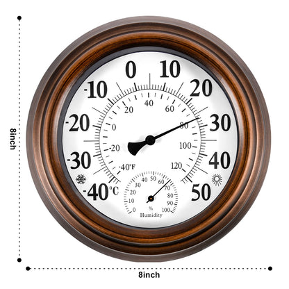 8'' Indoor Outdoor Thermometer Hygrometer - Premium Steel Outdoor Instant Read Thermometer, Decorative Outdoor Thermometers for Patio, Wall Thermometer Battery Free