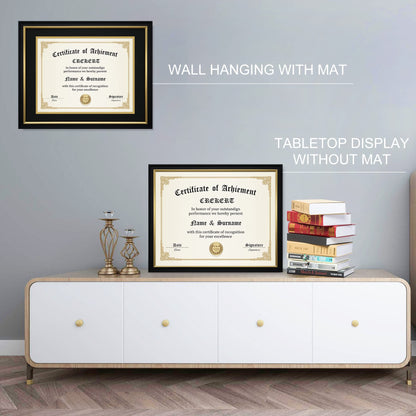 CREKERT Diploma Frame 11x14 College Degree Frame Solid Wood Shatter-Resistant Glass for Documents Certificate Blackgold Frame 8.5x11 with Mat (Black Mat, 1 Pack)
