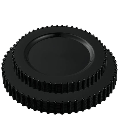 PLASTICPRO 32 Piece Combo Plastic Dinner Plates Disposable Plastic Fancy Heavy Duty Party Dishes 7 inch and 10 inch, Black Beaded