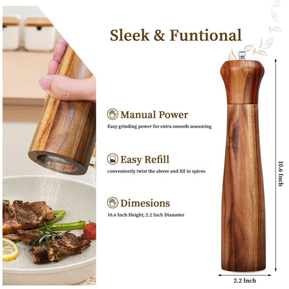 Acacia Wood Pepper Grinder Pepper Mill, 10 Inches Wooden Peppermill with Adjustable Coarseness, Ceramic Grinding Motor Salt Shaker Refillable for Home Kitchen