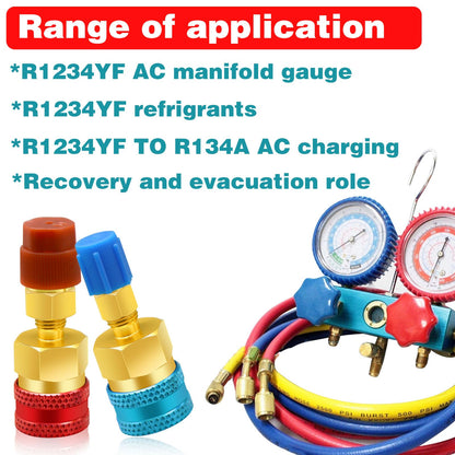 2Pcs R1234yf to R134a Adapter, Quick Couplers Kit R1234yf Refrigerant Recharge Kit, High/Low Side R134a to R1234yf Adapters for R1234yf/R134a Car Ac Refrigerant System Evacuation Recharging, Red, Blue