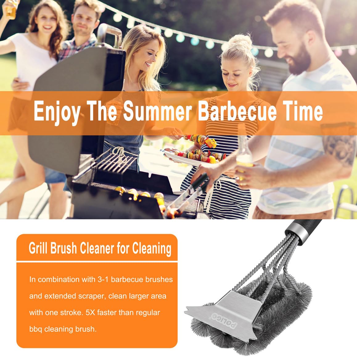 POLIGO Grill Brush and Scraper with Deluxe Handle - Safe Wire Stainless Steel BBQ Brush for Gas Infrared Charcoal Porcelain Grills - Ideal Gift BBQ Cleaning Brush for Grill Wizard Grate Cleaner