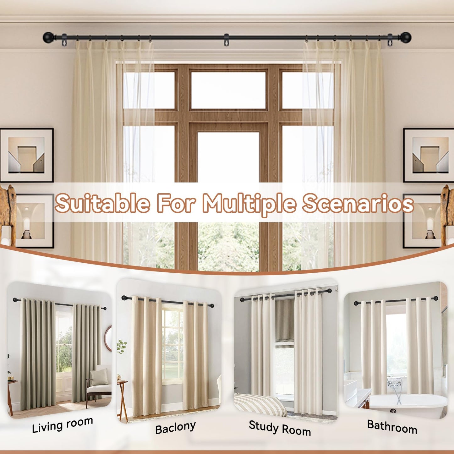 Poskena Curtain Rods for Windows 66 to 120” - 5.5 to 10 Feet - Black - Stainless Steel - Smooth Finish