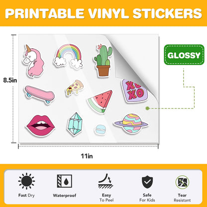 60 PCS Glossy Sticker Paper for Inkjet Printer，Printable Vinyl Sticker Paper Dries Quickly Vivid Colors，8.5"x11" Tear Resistant Printable Vinyl，White,Inkjet & Laser Printer