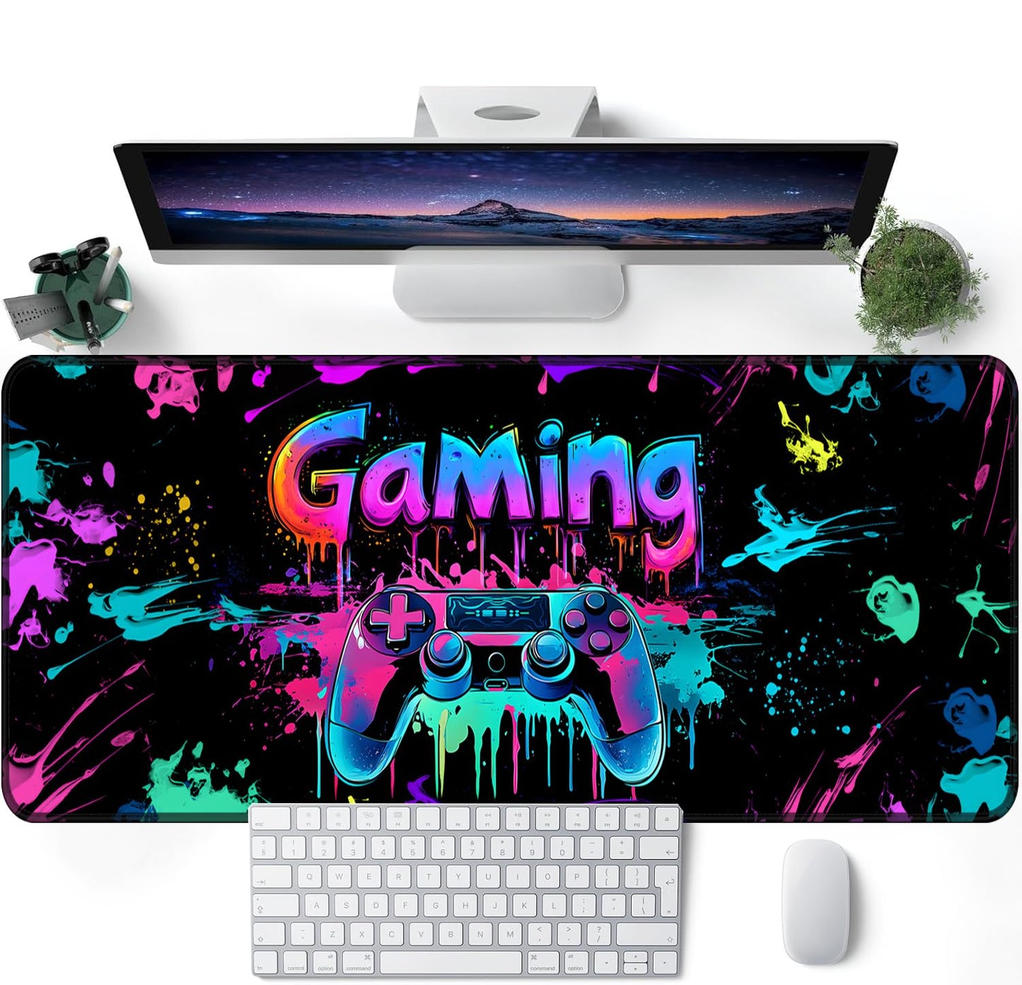 SparkLia Gaming Mouse Pad, UV Reactive X-Large Waterproof Blacklight Colorful Splatter Art Game Controller Non-Slip Rubber Base Mousemat, Glow in the Dark Desk Mat for Office Home - 31.5 x 11.8 inches