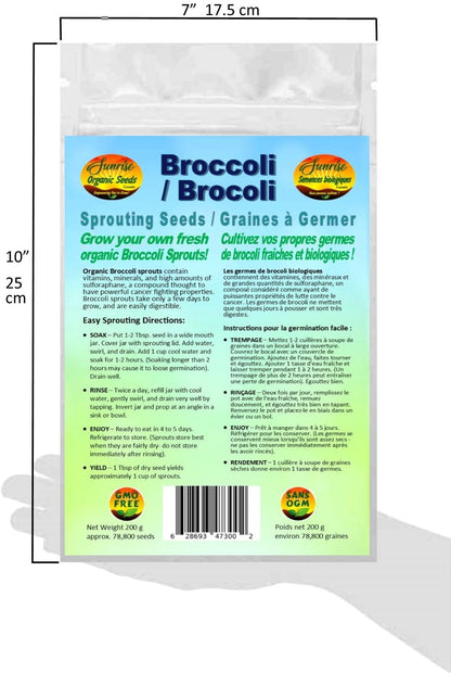 Broccoli Sprouting Seeds | Brocoli Graines à Germer | Organic & Non-GMO | Net Wt. 200 Grams (Approx. 78,800 Seeds) | High Germination Rate | Packaged in Canada