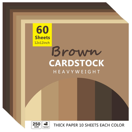 Wonninek 60 Sheets Brown Colored Cardstock Thick Paper, 12" x 12" 250GSM/92lb Heavyweight Construction Paper Cards, 6 Shades Cover Card Stock for Craft DIY Making Decoration Supplies