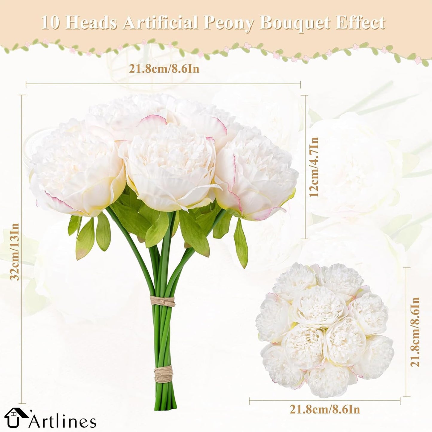 U'Artlines 2 Bouquet 10Heads Artificial Peony Silk Flower Leaf Home Office Wedding Party Festival Bar Decor (White)