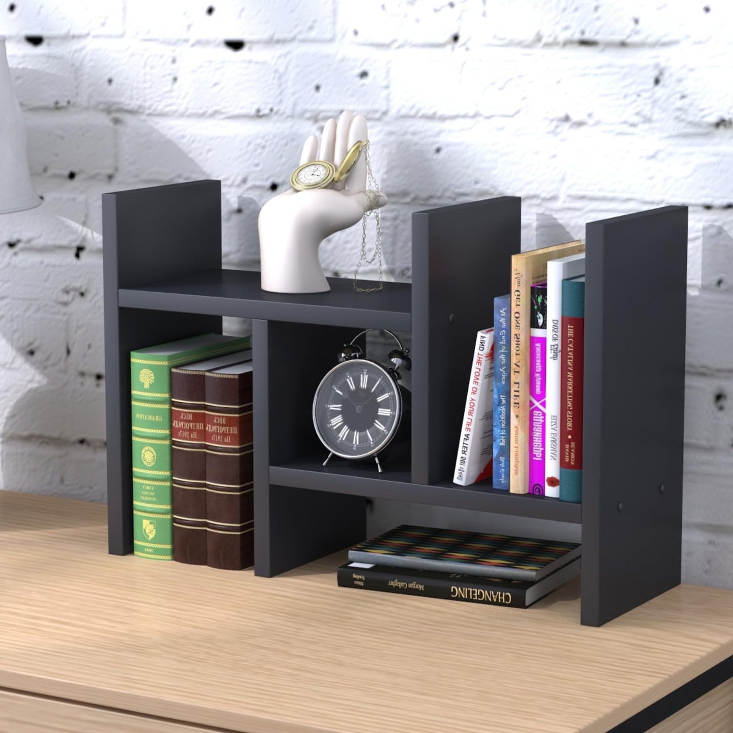 PowerKing Wood Desktop Organizer, Adjustable Desktop Bookshelf Display Shelf Rack for Home Office Desktop Storage Supplies Organization (Black)