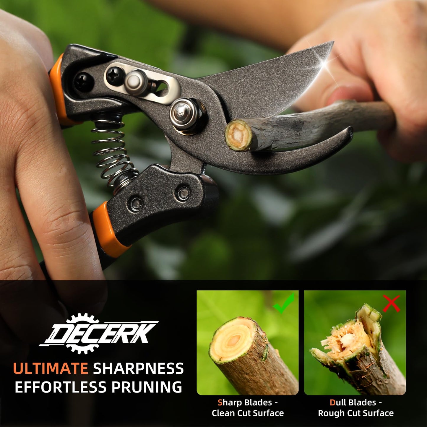 DECERK® 8.5" Professional Pruning Shears - Cuts 4X Easier with Ultra Sharp Japanese Steel Titanium Blade, Arthritis Friendly Garden Secateurs & Plant Clippers, Effortlessly Prunes 3/4" Branches