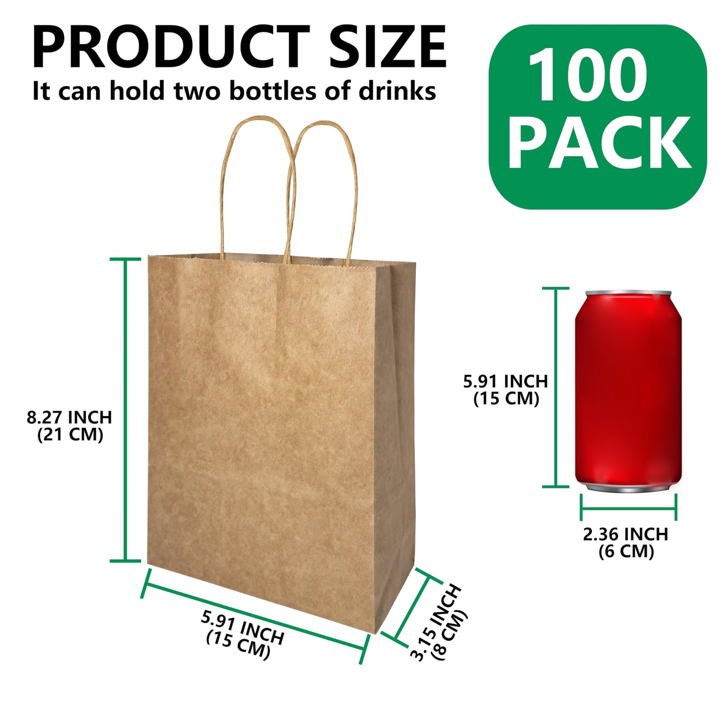 WUTONGPATH 100-Packs Brown Paper with Handles Bulk，5.91 x 3.15 x 8.27 inches(15x8x21cm)，Paper Gift Bags，Retail Bags，Shopping Bags，Party Favor Bags