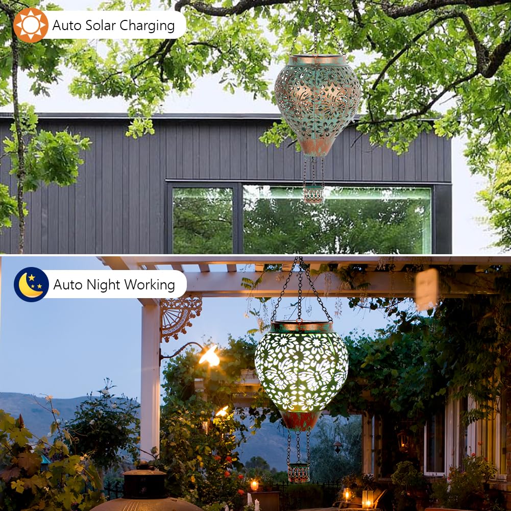 Stargarden Hot Air Balloon Solar Lantern, Butterfly Hollow Out Metal Hot Air Balloon Decorations, Green Hanging Solar Lantern, Waterproof Outdoor Lights for Porch Decor
