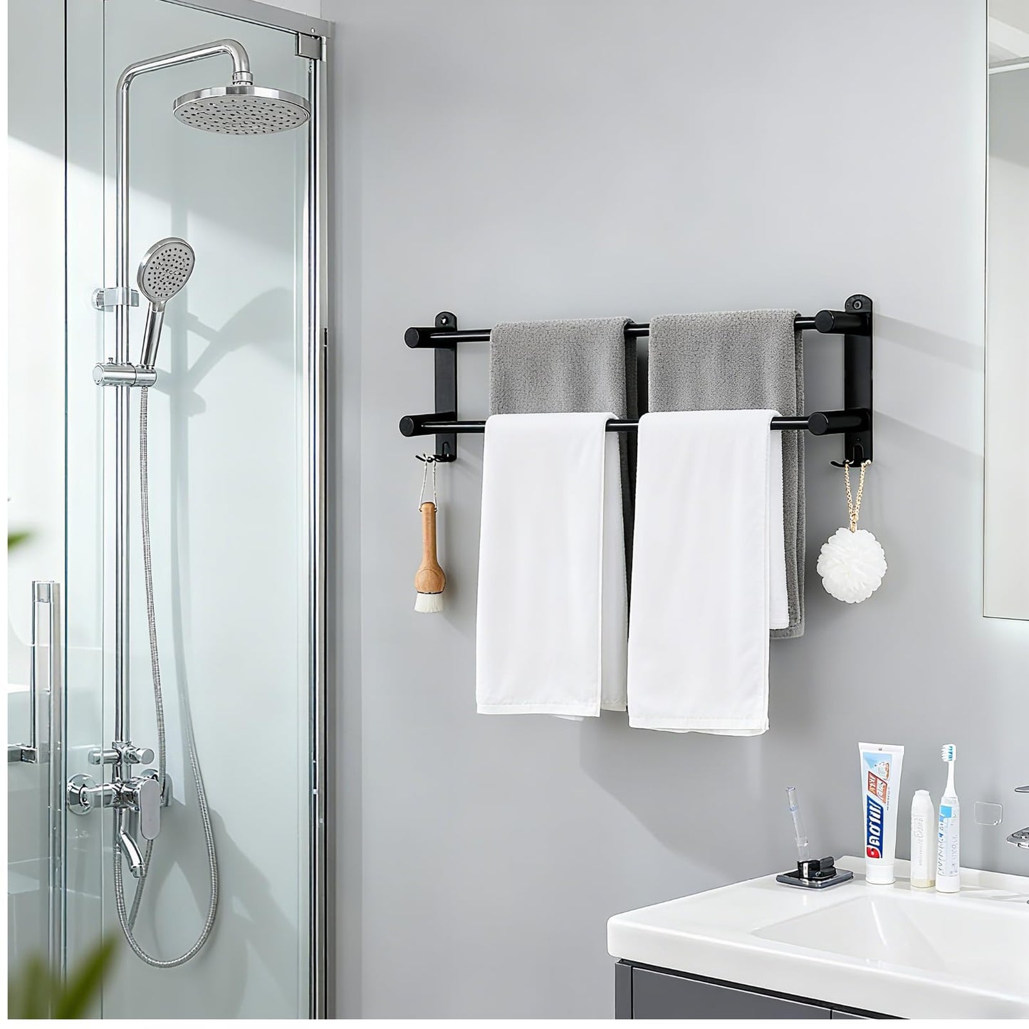 MEKENSO SUS304 Dual Bar Adjustable Towel Bar, Expandable Space Saving Towel Rack, Bathroom Towel Holder with Double Hook 16.9 to 29.9 Inch, No Drill/Screw Installation.（Black）