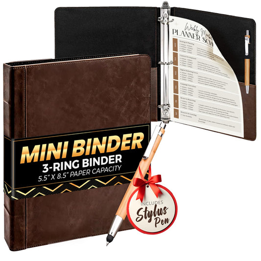 Capote Vintage Mini Professional 3 Ring Binder Organizer, 1-inch Round Rings, 5.5" x 8.5" Sheet Size, 2 Inner Pockets, Appearance of Antique Brown Leather, Pen Included