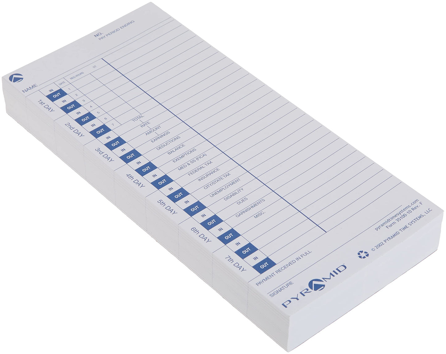 Pyramid 35100-10 Time Cards for use with All Side-Loading Time Clocks, 100/Pk