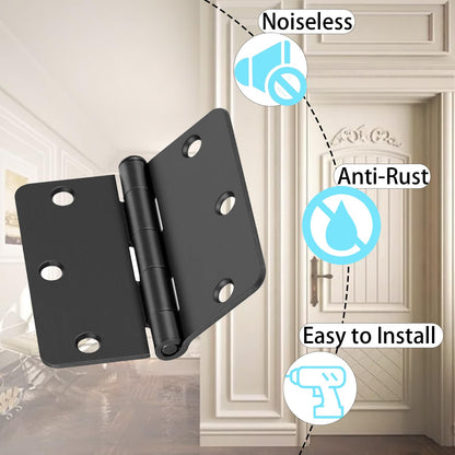 6 Pack Matte Black Door Hinges 3x3 Inch Standard Bedroom Black Hinges for Interior Doors Rounded 1/4" Radius Corners Iron Hinge Door Round Hinge Hardware