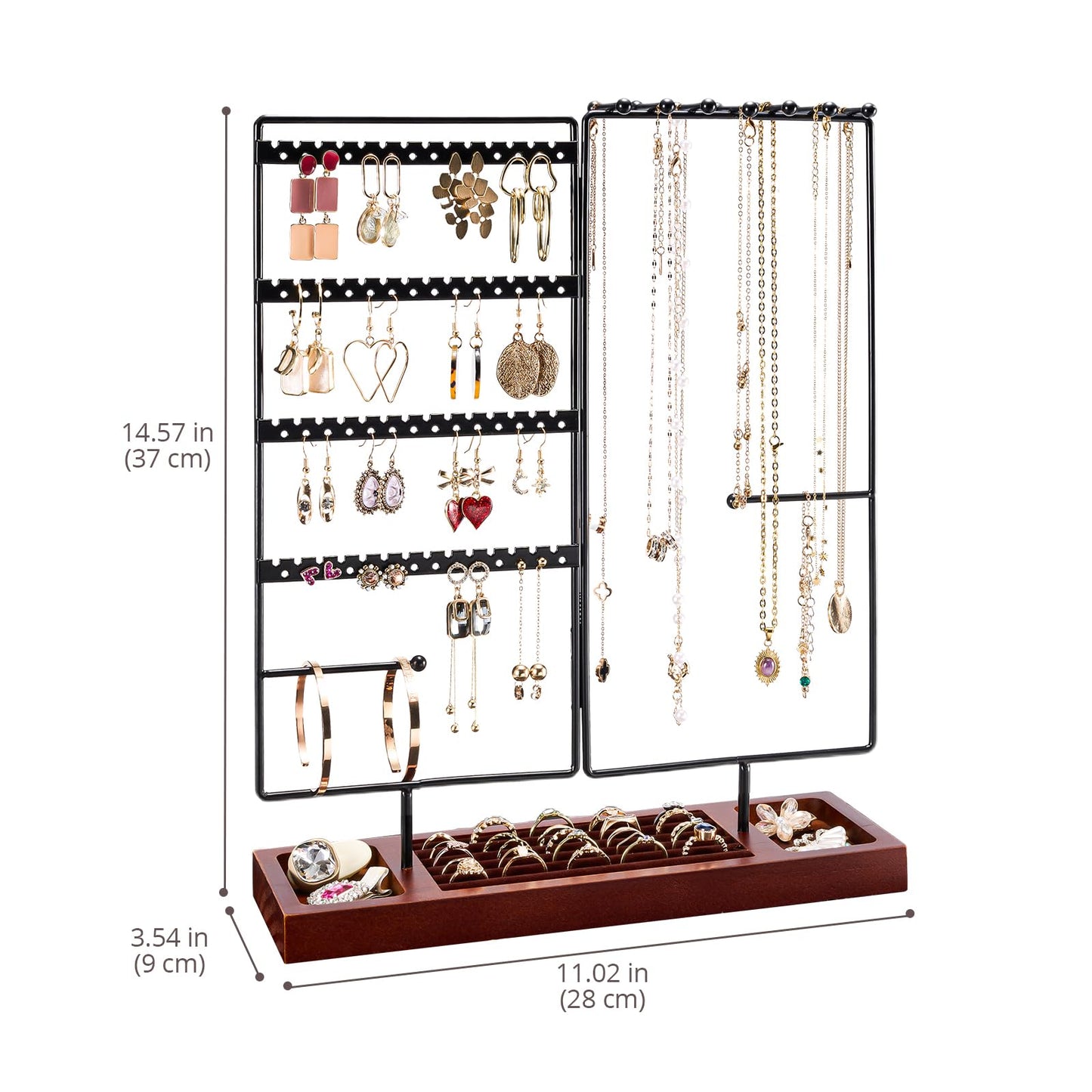 ProCase Earring Holder Necklace Organizer Jewelry Stand, 144 Holes Jewellery Organizers Earring Display Storage Rack with Removable Wooden Ring Tray for Bracelets Rings, Gifts for Women Girls -Black