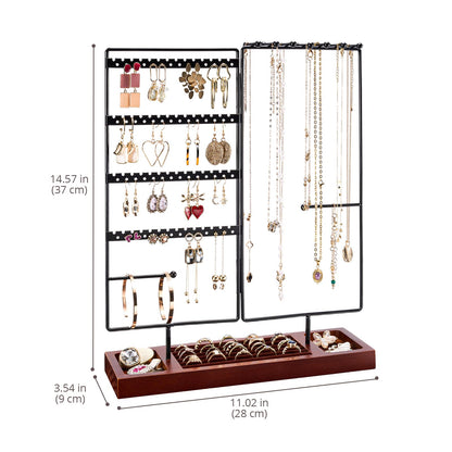 ProCase Earring Holder Necklace Organizer Jewelry Stand, 144 Holes Jewellery Organizers Earring Display Storage Rack with Removable Wooden Ring Tray for Bracelets Rings, Gifts for Women Girls -Black