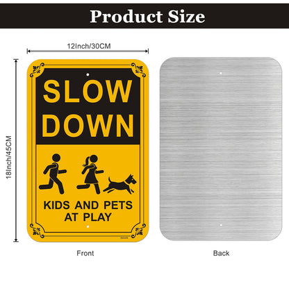 Danoib 2-Pack Slow Down Signs, Kids and Pets at Play Sign 18"x12" Reflective Aluminum Sign, Easy to Assemble, Waterproof, Weather Resistant, Non-Fading