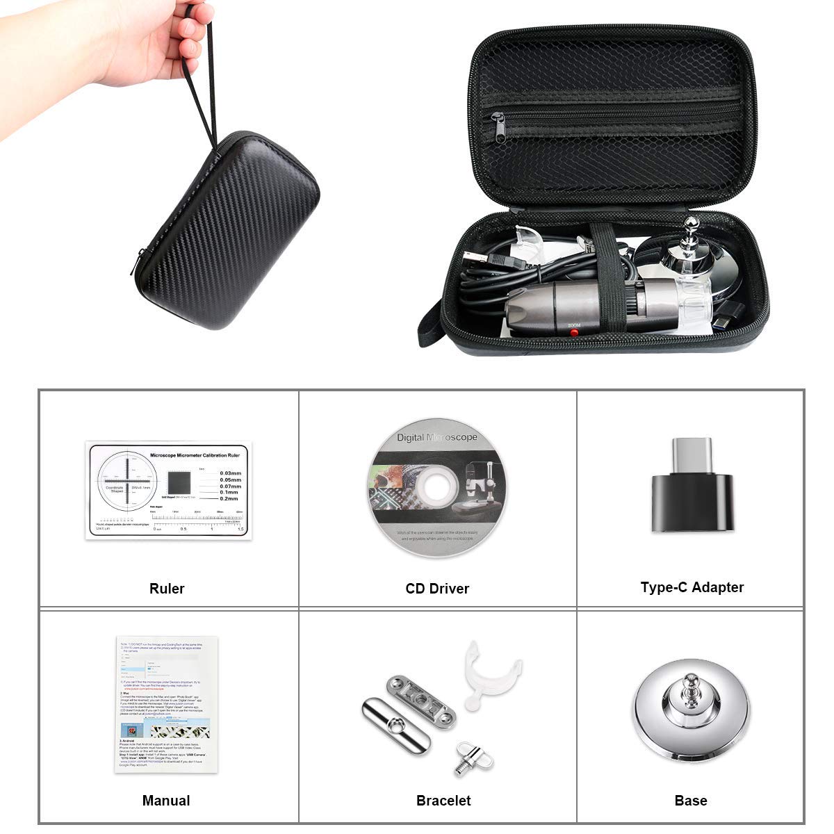 USB Microscope Camera 40X to 1000X, Cainda Digital Microscope with Metal Stand and Carrying Case Compatible with Android Windows 7 8 10 11 Linux Mac, Portable Microscope Camera