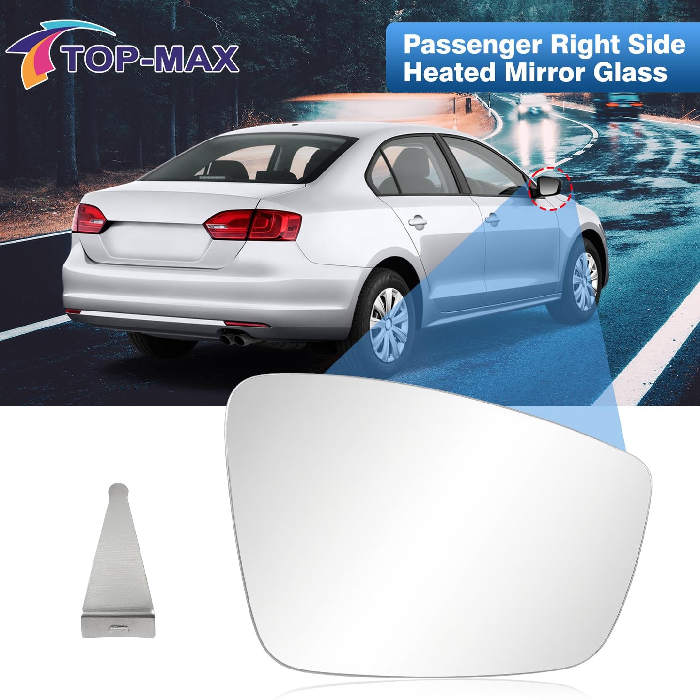 TOP-MAX VW Passenger Right Side Mirror Glass for 2011-2018 Volkswagen Jetta, 2012-2016 VW Beetle, 2012-2015 Volkswagen Passat, Convex Heated Mirror Glass Replacement with Backplate & Holder