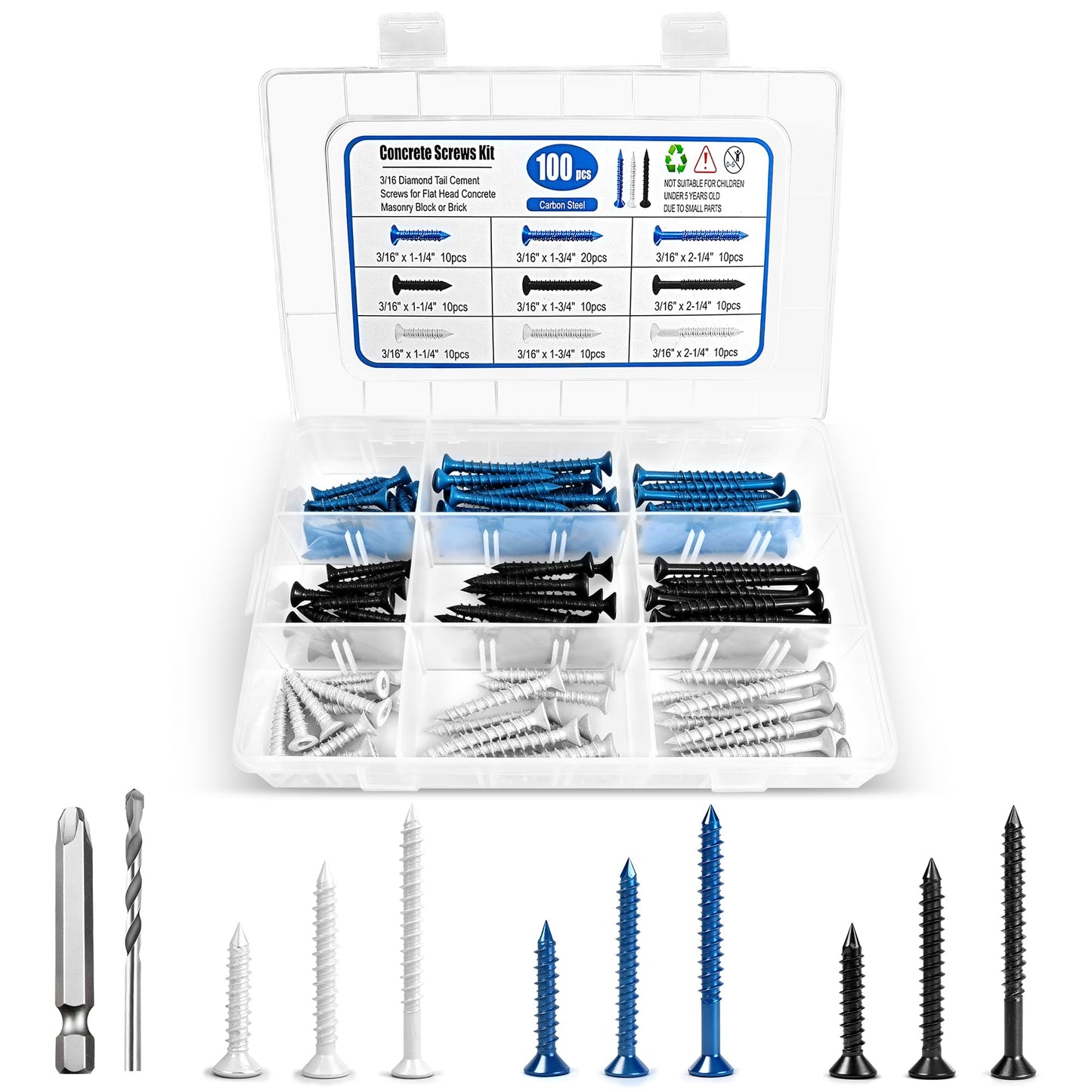100PCS Concrete Screws Assortment Kit, Flat Head 3/16" Masonry Screws with Drill Bit and Driver Bit for Masonry