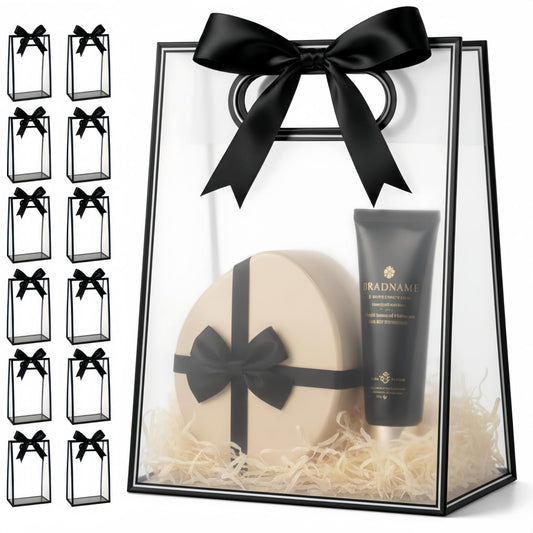 VAGREEZ Frosted Clear Gift Bags with Gusset Bottom and Ribbon 15 Pack| Semi-Transparent, Reusable Favor Bags in Assorted Sizes, Bulk Pack for Party, Wedding, Birthday, Boutique & Small Business | 10.2"x3.2"x7.1", Black, Medium