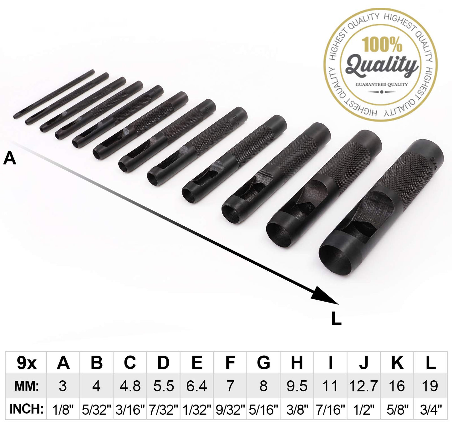 Spurtar Hollow Punch Set 12 Pieces 1/8"- 3/4"(3-19mm) Heavy Duty Carbon Steel Round Leather Hole Tool Leather Punch Set Kit for Watch Cloth Belt Gaskets with Storage Bag (Black)